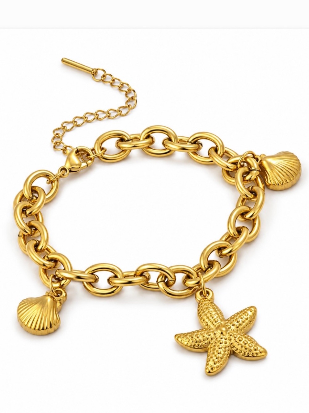 18K Gold Plated Chunky Starfish Charm Bracelet Stainless Steel Shell Accents NEW